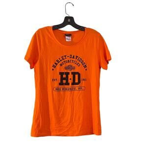Harley Davidson Graphic T-shirt Woman’s Large Orange Milwaukee Biker Motorcycle
